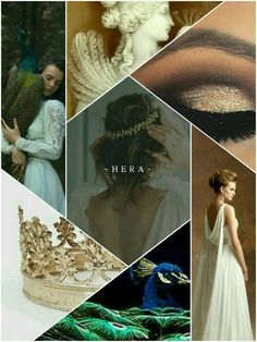 a collage of photos with the words hera written in white and gold on it