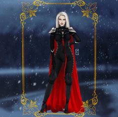 a woman dressed in black and red standing next to a snow covered ground with an ornate frame around her