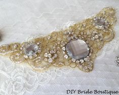 Rhinestone applique, golden crystal applique, wedding applique,  beaded patch for DIY wedding  wedding sash, bridal accessories. Gorgeous rhinestone applique beaded with clear crystals, silver glass beads and rhinestones.Golden backing. The applique measures 2 1/2" at its widest point and is 6" long. (6 x 15cm)Perfect for  wedding dress decoration, wedding belts and sashes, garters, headbands, headpieces. SEW ON only. ===================SHIPPING========================Will be shipped within 2 bu Gold Beaded Bridal Accessories For Wedding, Gold Embellished Wedding Jewelry, Gold Embellished Bridal Accessories For Wedding, Gold Embellished Bridal Accessories For Party, Gold Crystal Bridal Belt For Wedding, Watermelon Glow Sleeping Mask, Wedding Applique, Golden Crystal, Dress Decoration