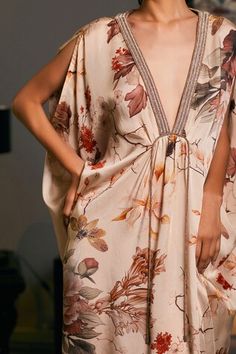 Beige kaftan with embellished crystal rope patterns on a floral bee printed base, front gathers and attached belt. - Aza Fashions Elegant Beige V-neck Kaftan, Kaftan Women, Kaftan For Women, Cape Sleeves, Bee Print, Aza Fashion, Floral Print, Bee, Floral Prints