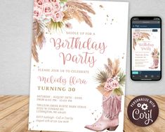 this is an image of a birthday party with boots and flowers on the front, next to a phone