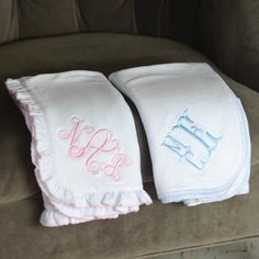 Monogrammed Baby Blanket - Choose Blue Stitch or Pink Ruffle Baby Full Moon, Monogrammed Burp Cloths, Hubba Bubba, Babies Stuff, Personalized Baby Shower Gifts, Monogrammed Gifts, Grand Kids, Sewing Embroidery