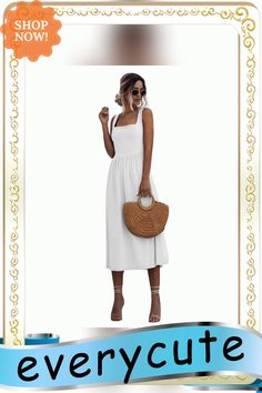 White Square Neck Midi Calf Dress Square Neck Sundress In Solid Color, Elegant Square Neck Midi Dress For Beach, Chic Knee-length Sundress, Square Neck Midi Dress For Brunch, Vacation Midi Dress With Square Neck, Solid Color Square Neck Midi Dress For Day Out, Chic Solid Color Midi Sundress, Chic Sundress For Spring Outing, Midi Dress With Square Neck For Day Out