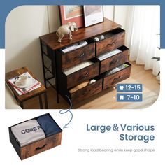 the large and various storage drawers are shown in this brochure, with an elephant figurine on top