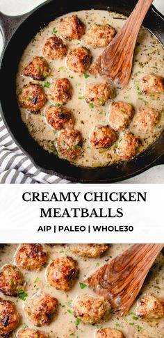 creamy chicken meatballs in a skillet with cream sauce