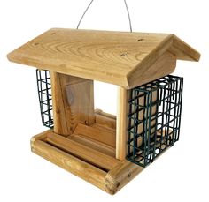 a wooden bird feeder with cage attached to it's roof and side panels on the outside