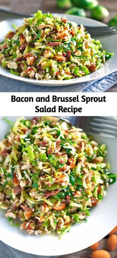 bacon and brussel sprout salad recipe on a white plate with a fork