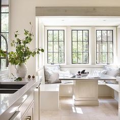 a kitchen filled with lots of counter top space next to a window covered in plants