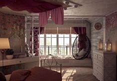 a bedroom with a hammock hanging from the ceiling and pink curtains on the windowsill