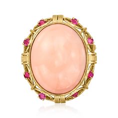 Ross-Simons - C. 1950 Vintage Pink Coral, 1.00ct t. w. Ruby Pin in 18kt Yellow Gold. C. 1950. Ah, the beauty of pink coral! Hailing from the Retro era of design and our own Estate collection, this magnificent pin features a sizable 26x22mm oval pink coral cabochon in an elaborate frame adorned with 1.00 ct. t. w. round rubies. Crafted in glossy 18kt yellow gold. Pin it to your coat or dress, and watch the level of attention it attracts. Revolver safety. Ruby and pink coral pin. Exclusive, one-of 14k Stamped Oval Pink Jewelry, Pink Oval 14k Stamped Jewelry, Classic Pink Cabochon Jewelry, Pink Cabochon Jewelry For Formal Occasions, Jewelry Presentation, Retro Era, Gold C, 1950 Vintage, Fine Jewelery