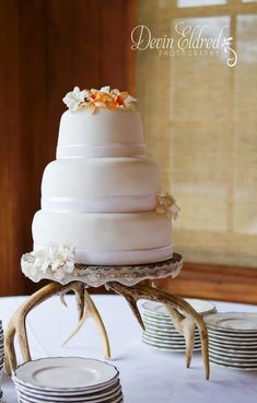 a white wedding cake with antlers and flowers on the top is surrounded by plates