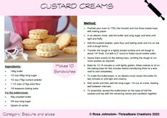 the recipe for custard creams is shown in pink and white, with an image of cookies next to it