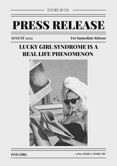 the front cover of press release magazine, featuring a woman in sunglasses and a towel on her head