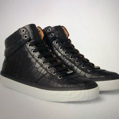 Jimmy Choo Belgravia Black Crocodile High Top Leather Sneakers. Never Worn Before But They Are Super Comfortable And Go With Any Outfit. They Are A Unisex Shoe Because Anyone Can Rock Them!! Black High-top Sneakers With Air Cushioning, Luxury Black High-top Breathable Sneakers, Black Textile High-top Sneakers With Round Toe, Luxury Black High-top Sneakers, Black Leather High-top Sneakers With Perforations, Black High Top Sneakers, Black High Tops, Unisex Shoes, Jimmy Choo Shoes