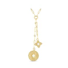 This Roberto Coin double medallion necklace features a circle medallion that is approximately 25mm and a flower medallion that is approximately 20mm. It has an approximate diamond total carat weight of .14 and is on an 18K yellow gold paperclip chain that is approximately 17" in length. The medallion chains are approximately 2" and 3". Roberto Coin, Medallion Necklace, A Circle, Paper Clip, A Flower, Coin, Yellow Gold, Chain, Yellow