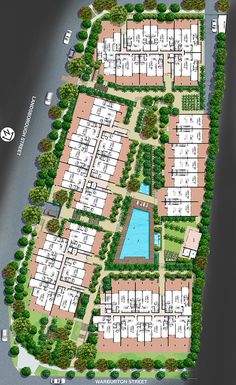 an aerial view of the apartment complex and its surrounding courtyards, with swimming pool