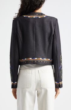 Toss aside traditional denim jackets for a higher style option embellished with jazzy embroidery and stud details. Front zip closure Collarless Lined 86% polyester, 10% rayon, 4% spandex Dry clean Imported Embellished Cotton Outerwear For Fall, Fall Embellished Cotton Denim Jacket, Ramy Brook, Dark Indigo, Denim Details, Denim Jackets, High Fashion, Denim Jacket, Dry Clean