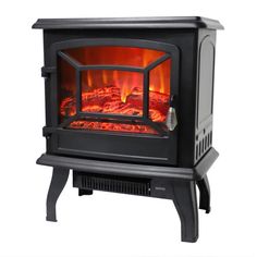 an electric stove with the door open and flames on it's sides, isolated against a white background