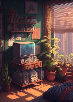 a room with plants and a television in it