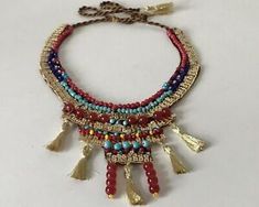 Gold Red Ethnic Necklace, Bead Gypsy Bangle, Ethnic Collar, Boho Crochet Pendant | eBay Crochet Headpiece, Western Crochet, Crochet Pendant, Red Choker, Crochet Beaded Necklace, Textile Necklace, Beaded Crochet, Bead Choker, Beaded Necklace Diy