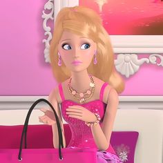 a barbie doll sitting on a couch with a pink purse in front of her face