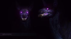 two demonic looking animals with glowing eyes in the dark, one staring at the camera