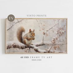 a painting of a squirrel sitting on a tree branch with snow in front of it