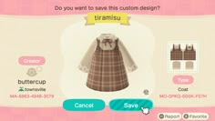 the animal crossing character is wearing a brown and white dress with an owl on it's chest