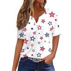 PRICES MAY VARY. 🔴Quality Material: We've made this womens 4th of july shirts from lightweight, soft fabric that's soft to the touch and comfortable to the touch. ⚪Unique Design: The design of the 4th of july button v neck t shirts women can highlight the neck line, and the elegant shape can hide the abdomen well, making you look slimmer. 🔵Occasion: This short sleeve womens 4th of july shirts great for daily wear, casual, shopping, work, street, date, office, work, beach, holiday, sports, or a Memorial Outfits, American Flag Clothes, 4th Of July Shirts, Plus Size Summer Tops, Tunic Tops Summer, America Outfit, July Outfits, Tee Shirt Fashion, Patriotic Tees