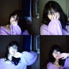 four pictures of a woman wearing glasses and holding her hand to her face with both hands