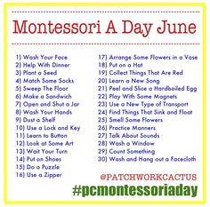 the montessori day june calendar is shown in black and white, with an image of