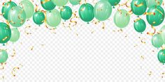 green balloons with streamers and confetti in the air on a white background