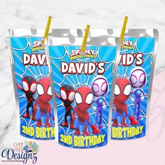 three birthday bags with spiderman characters on them