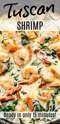 a skillet filled with shrimp and spinach