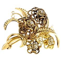 The Mid Century Brooch described is an exquisite piece of jewelry crafted from 18-karat yellow gold, showcasing a timeless and elegant design characteristic of the mid-20th century aesthetic. The use of 18-karat gold indicates a high level of purity and quality in the metal. One of the notable features of this brooch is the incorporation of Old Cut Diamonds. Old Cut Diamonds refer to diamonds that were cut in a specific manner before modern cutting techniques were developed. These diamonds often 20th Century Aesthetic, Glamour Vintage, Gold Brooch, Gold Brooches, Timeless Accessories, Vintage Glamour, Diamond Art, High Level, Jewelry Crafts