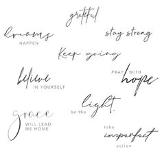 the words are written in different ways on a white background with black ink and handwritten lettering