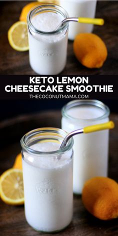 two mason jars filled with keto lemon cheesecake smoothie