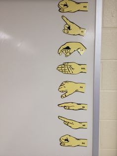 a white sign with yellow hand prints on it