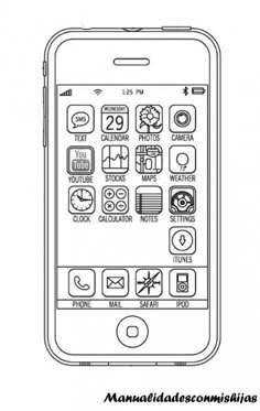 an image of a cell phone with buttons and symbols on the screen, in black and white