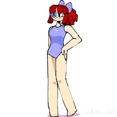 a cartoon girl with red hair wearing a blue swimsuit and pink shoes, standing in front of a white background