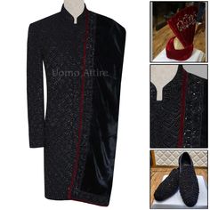 Luxurious Black Embellished Wedding Sherwani for Groom | Black Sherwani Package for Groom Wedding Sherwani For Groom, Sherwani For Groom, Formal Attire For Men, Sherwani Groom, Custom Made Suits, Velvet Shawl, Wedding Sherwani, Embellished Shoes, Shalwar Kameez