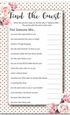 a printable find the guest game with pink flowers