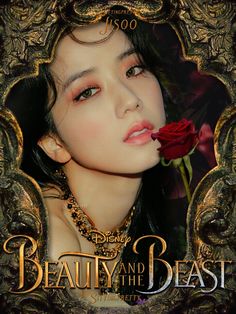 a woman with a rose in her mouth and the words beauty and the beast on it