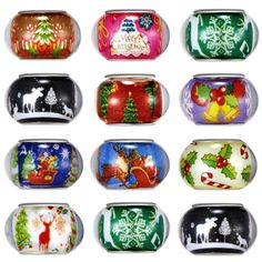 twelve christmas candy tins with designs on them