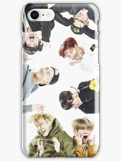 an iphone case with the image of four young men and one woman holding their hands up