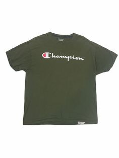 "Vintage Y2K Champion spell out olive dark green training t shirt size XL Pit to pit: 19\" Collar to hem: 25\"" Green Sports T-shirt With Letter Print, Khaki Crew Neck T-shirt Sporty Style, Sporty Khaki Short Sleeve T-shirt, Mens Y2k, Mens T Shirts, Mens Graphic Tee, Vintage Y2k, Dark Green, Mens Graphic