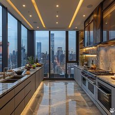 the kitchen is very large and has many windows to look out on the cityscape