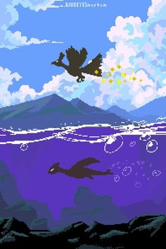 an image of a bird flying in the air over water with mountains and clouds behind it