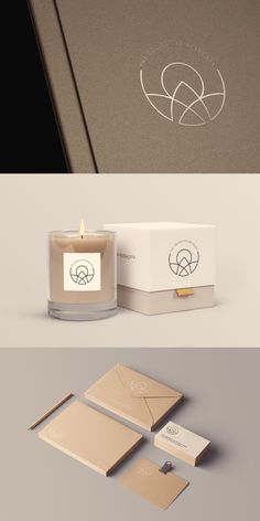 three different logos and business cards for an interior decor company, including a candle in the middle