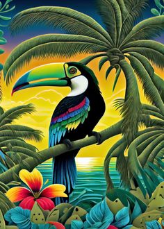 a painting of a toucan sitting on a tree branch with tropical plants and flowers around it